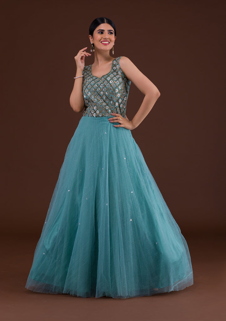 Two Sister's Sea Green Color Top Embroidered Satin Silk Gown - Rent